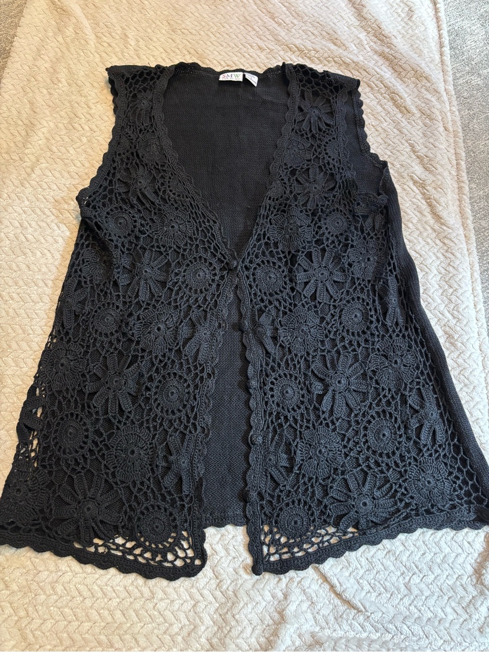 Women's Black Crochet Open-Front Vest - Layered Lace Detail